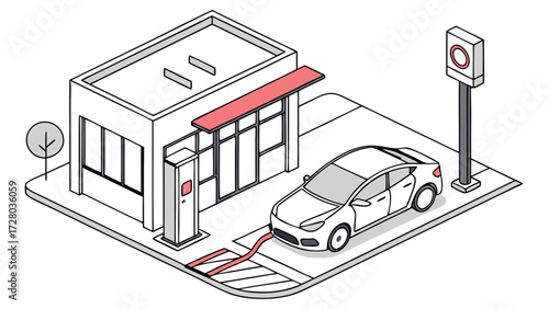 Isometric Electric Vehicle Charging Station with Modern Car and Building – Sustainable Urban Mobility Illustration