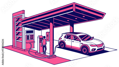 Car Refueling at Modern Gas Station with Person, Isometric Vector Illustration in Pink and White Tones