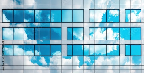 Modern building facade with reflective glass windows showing blue sky and white clouds, creating a serene and airy atmosphere