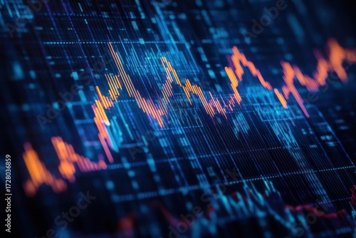 Digital financial graph with fluctuating orange and purple lines on a blue grid background representing stock market trends or data analysis