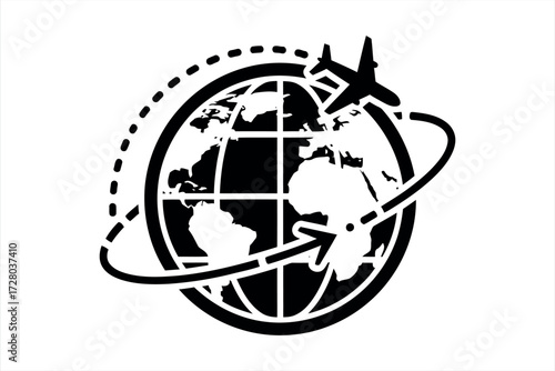 Black airplane flying around a simplified globe with dashed and solid orbit lines earth flight
