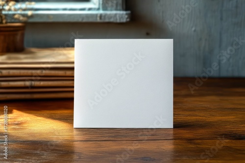 Blank white square card standing on a wooden table with warm sunlight and a blurred background featuring stacked folders and a decorative plant
