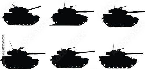 Military tank silhouette, battle vehicle illustration, war machine graphic, armored combat design, defense weapon art, powerful army tank, warfare e