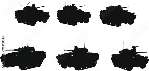 Military tank silhouettes collection, armored vehicle illustration, heavy war machine design, battle defense artwork, combat transport graphic, army weapon silhouette
