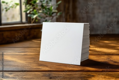 Wallpaper Mural Stack of blank white business cards standing upright on a rustic wooden table near a sunlit window with green plants in the background Torontodigital.ca