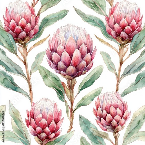 Seamless pattern of red and pink protea flowers with elongated green leaves on white background, delicate watercolor botanical illustration
