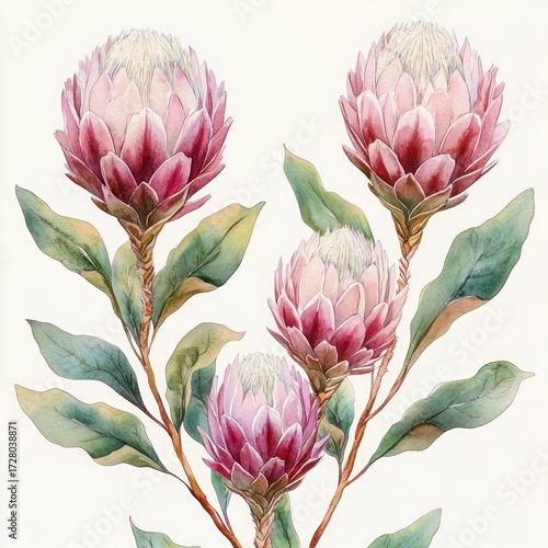 Four detailed pink and white protea flowers with green leaves on slender stems illustrated in a botanical style on a white background