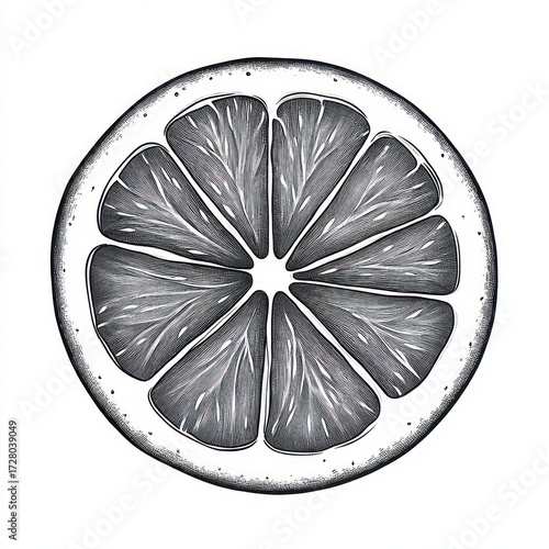 Detailed black and white illustration of a citrus fruit slice with visible segments and textured rind