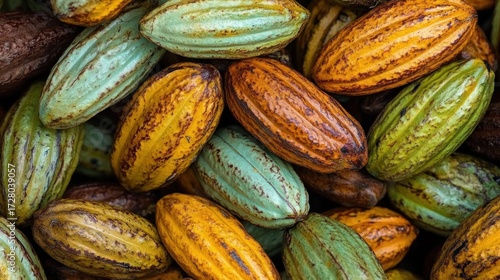 Close-up view of ripe cacao pods in various shades of yellow, green, and brown, showing textured surfaces and natural markings in a vibrant natural setting