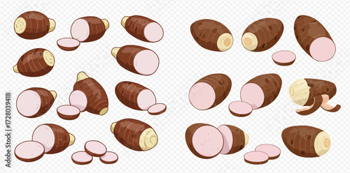 Various illustrations of whole, sliced, and partially peeled taro roots with brown skin and light purple flesh.