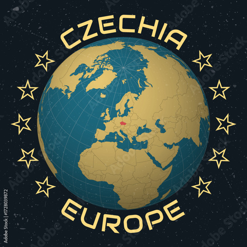 Czechia on Globe. Country name round text. Vintage look with grunge scratched texture. Country view on world map in Sky Blue Light Yellow color palette. Czechia shape on map.