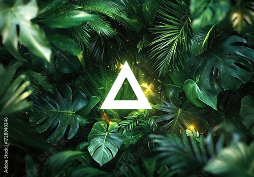Lush green foliage with a white triangle graphic