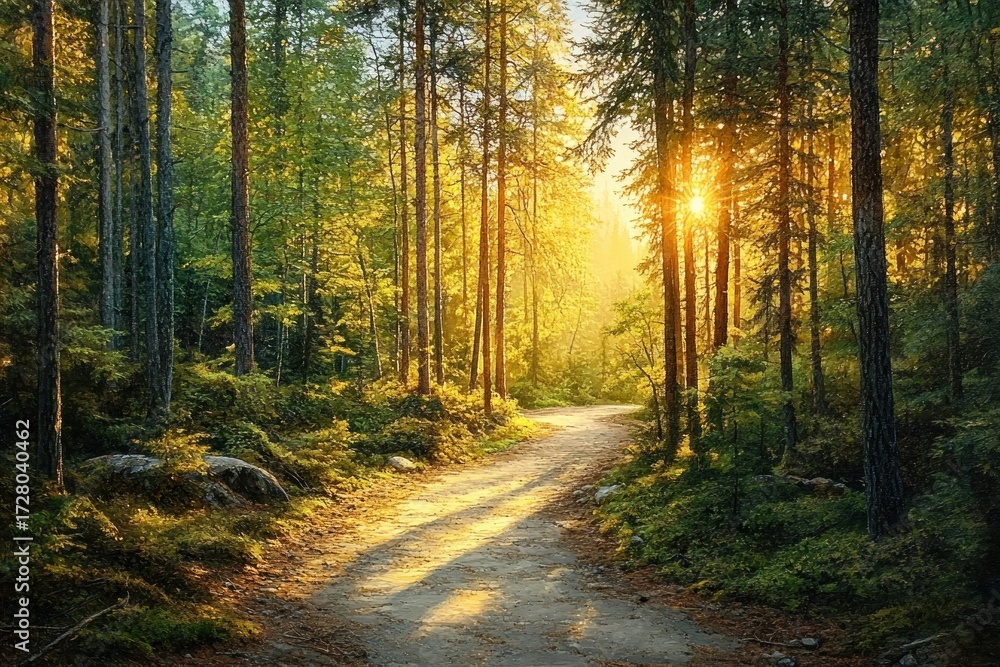Fototapeta premium Sunlight streaming through tall trees illuminates a winding forest path surrounded by lush green foliage and rocks, evoking a peaceful and serene atmosphere