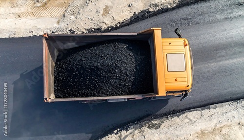 Aerial view of a large dump truck on a road