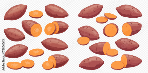 Illustration of whole and sliced sweet potatoes on a transparent background.