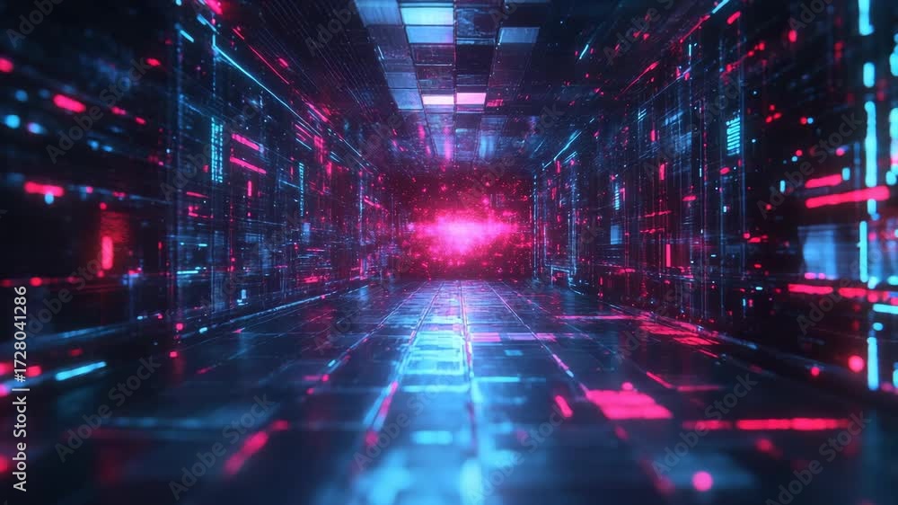 Futuristic digital tunnel with vibrant neon light effects and glowing grid pathways