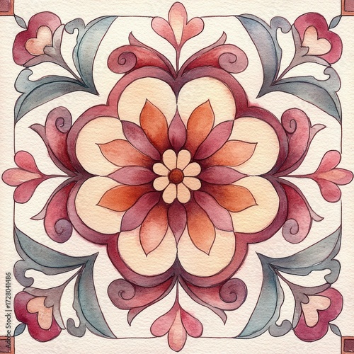 Symmetrical floral mandala design with layered petals and swirling leaves in soft reds, pinks, and muted greens creating a balanced and calming watercolor pattern
