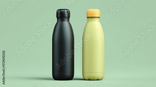 Stylish and Modern Reusable Water Bottles in Black and Yellow Colors Against a Soft Green Background for Eco-Friendly Lifestyle Promotion