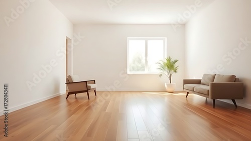 Wallpaper Mural Minimalist living room with clean white walls and warm wood flooring, featuring mid-century modern furniture and soft natural light. Torontodigital.ca