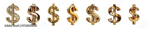 A collection of seven shiny golden dollar signs in a row.