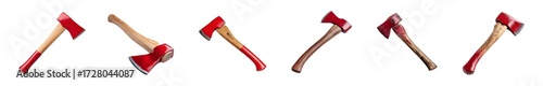 Set of six red chopping axes with wooden handles isolated on white.