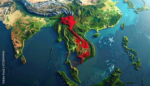 Vivid 3D Relief Map of Southeast Asia with Highlighted Vietnam in Red