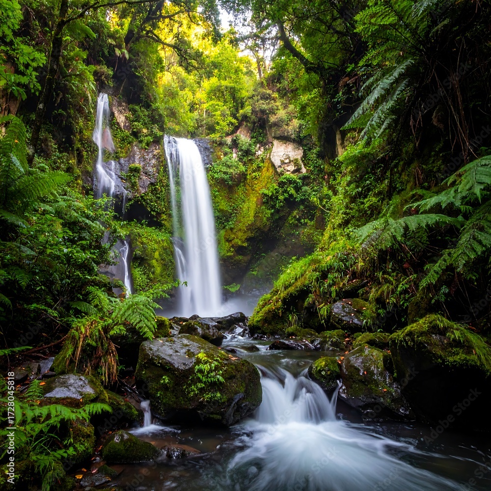 Fototapeta premium Lush waterfall cascading through a dense, verdant forest