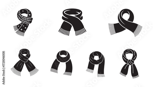 Winter Scarf Silhouette Icons, Cozy Knitted Fashion Vector Set.