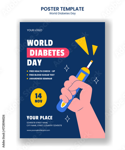 Vertical Poster Illustration of World Diabetes Day with Flat Cartoon Hand Drawn Style