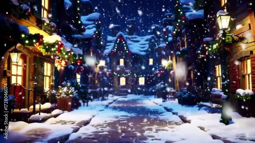 Wallpaper Mural Cozy Snowfall on Festive Christmas Street with Warmly Lit Houses and Twinkling Lights Torontodigital.ca