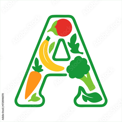letter A made of vegetable and fruits icon