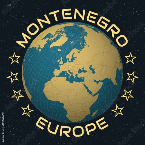 Montenegro on Globe. Country name round text. Vintage look with grunge scratched texture. Country view on world map in Sky Blue Light Yellow color palette. Montenegro shape on map.
