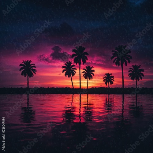 Tropical Sunset Silhouette: A breathtaking sunset paints the sky with vibrant hues as palm trees stand in silhouette against the water, a moment of tropical serenity.