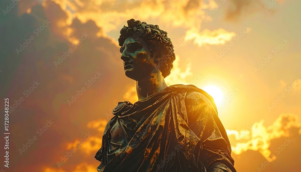 Fototapeta premium Statue with Metallic Texture against Dramatic Sunset Sky with Golden Light