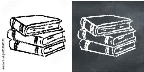 Chalk hand-drawn pile of book vector. Perfect for education, learning, and academic themes. It evokes a raw, sketchy feel with a textured aesthetic, great for creative and artistic designs.