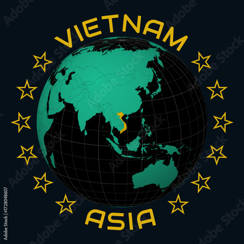 Vietnam on Globe. Round country and continent name text. Country view on world map in Black Emerald color palette. Vietnam shape on map. Neat vector illustration.