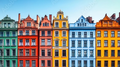 Row of colorful historic European-style buildings with ornate architectural details under a clear blue sky
