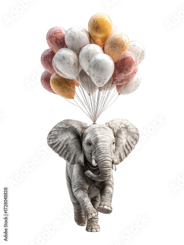 Elephant Gently Floating with Balloons and Soft Shadows on Transparent Background