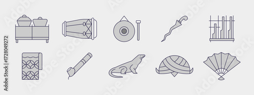 Simple set of 10 Asian culture icons. A collection of Asian culture symbols icon set. Flat illustration concept.