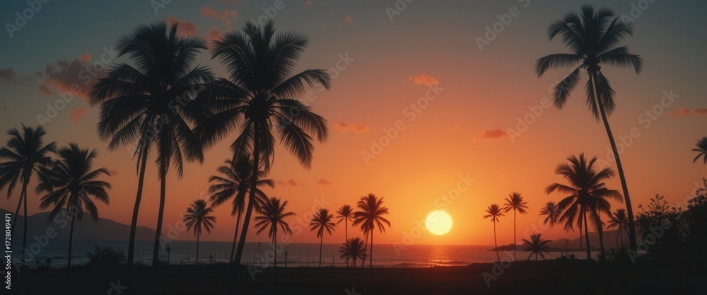 Fototapeta premium Nostalgic Coastal Art Sunset with Palm Trees in a Classic Retro Style with Film Grain