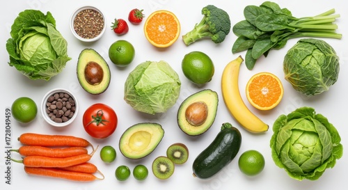 Assortment of fresh fruits and vegetables arranged on a white surface