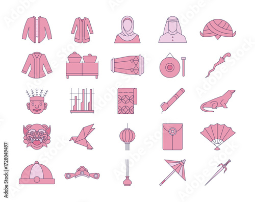 Simple set of 25 Asian culture icons. A collection of Asian culture symbols icon set. Flat illustration concept.