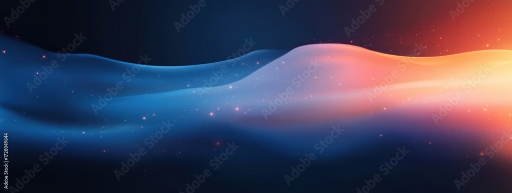 Fototapeta premium Abstract smooth flowing wave forms glowing in blue and orange gradients with small sparkling light particles on dark background
