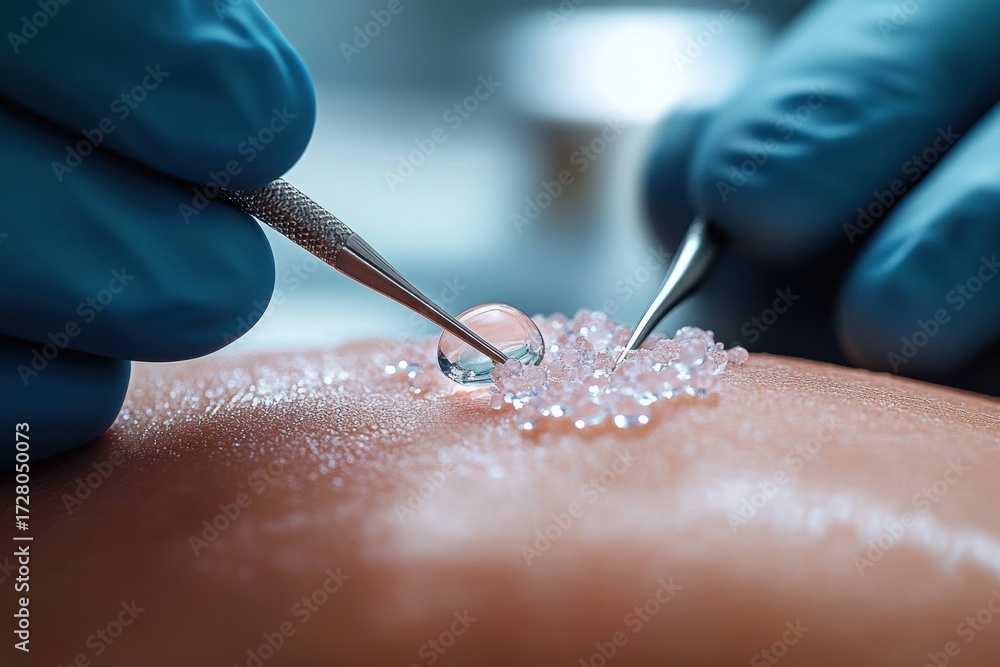 Obraz premium Close-up view of hands wearing blue gloves manipulating small transparent hydrogel beads on skin with precision tools in a laboratory or medical setting