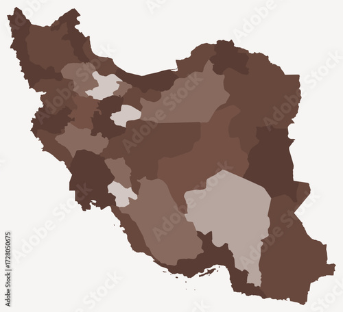 Map of Iran with regions. Just a simple country border map with region division. Brown color palette. Blank Islamic Republic of Iran shape with administrative division. Vector illustration.