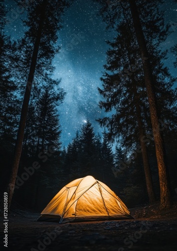 Illuminated camping tent nestled within a dark forest at night.