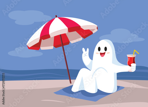 Cute Adorable Ghost at the Beach in Vacation Vector Cartoon. Funny Halloween character on vacation by the seaside relaxing
