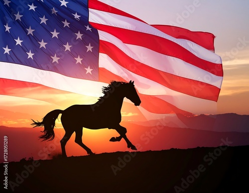 Silhouetted horse against an American flag sunset