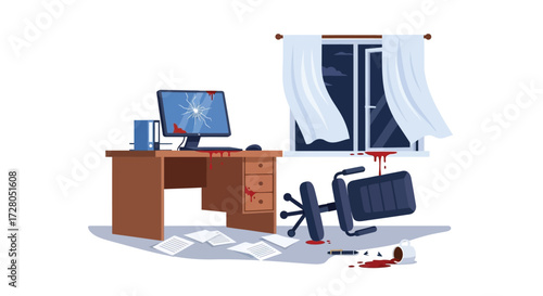 Bloodstained Office Desk with Shattered Computer Screen and Upturned Chair.