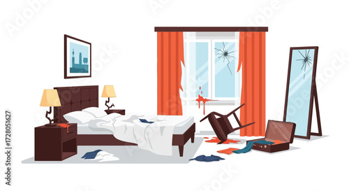 Disarrayed Bedroom Scene with Broken Windows and Bloodstains.